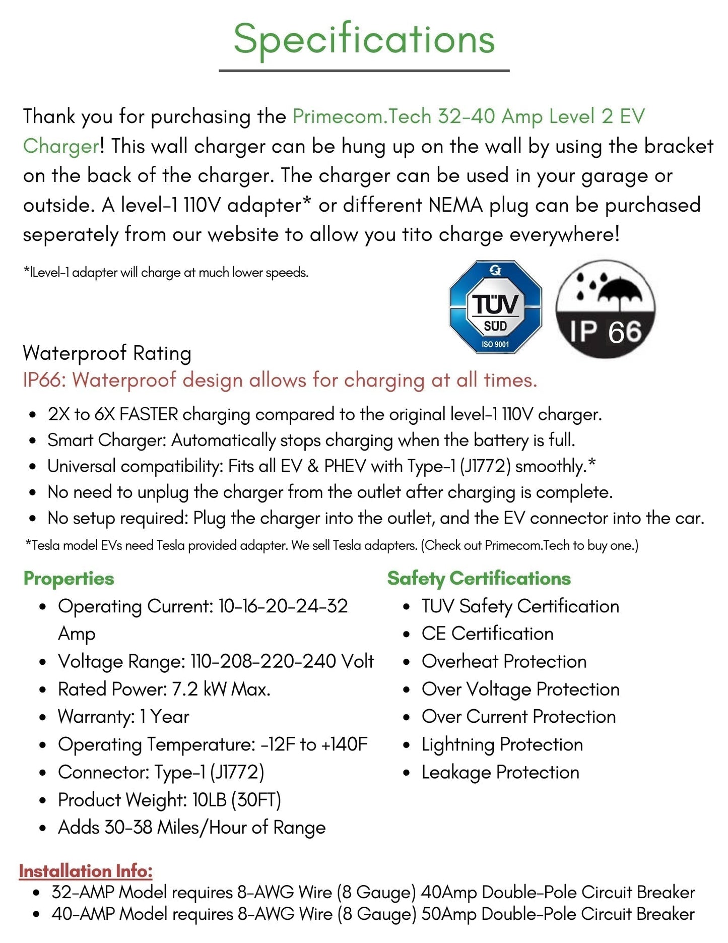 Primecom 32 & 40 Amp Level 2 EV Charger | 220 Volt | 25 & 30 Feet Length Only In ElectoGb