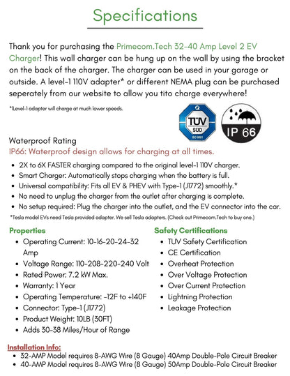 Primecom 32 & 40 Amp Level 2 EV Charger | 220 Volt | 25 & 30 Feet Length Only In ElectoGb