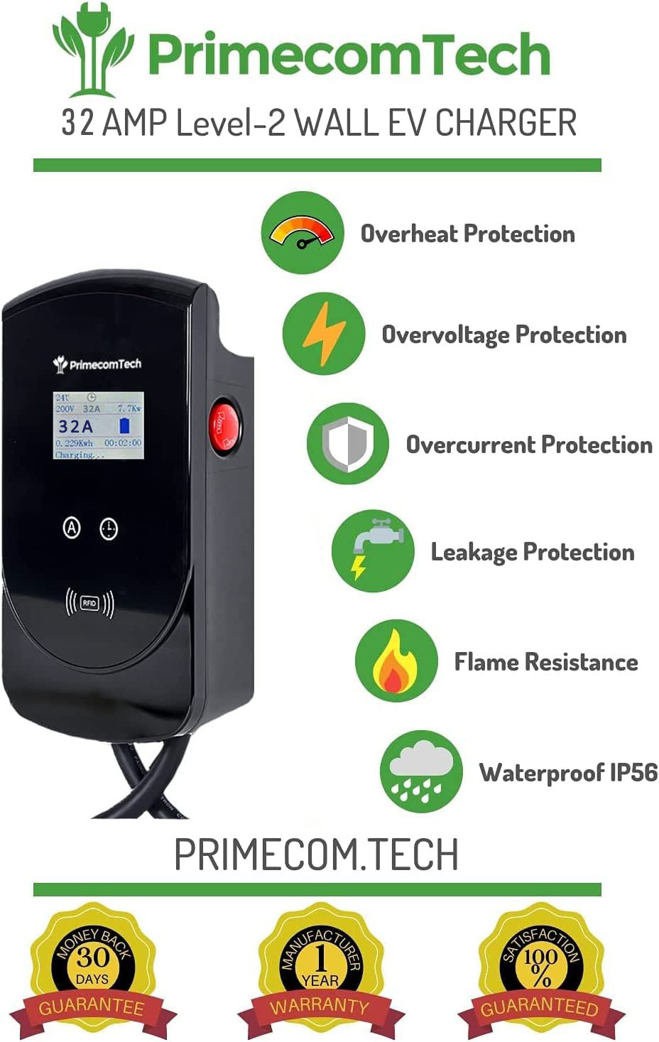 Primecom 32 & 40 Amp Level 2 EV Charger | 220 Volt | 25 & 30 Feet Length Only In ElectoGb