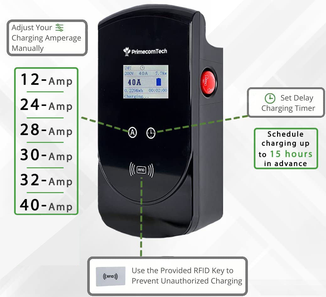 Primecom 32 & 40 Amp Level 2 EV Charger | 220 Volt | 25 & 30 Feet Length Only In ElectoGb