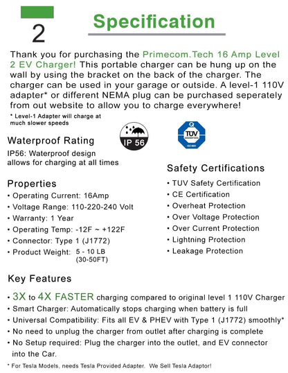 Primecom.Tech 16 Amp Level 2 Electric Vehicle (EV) Charger 3X to 4X faster 220 Volt 30', 40', 50' Feet Lengths Only In ElectoGb
