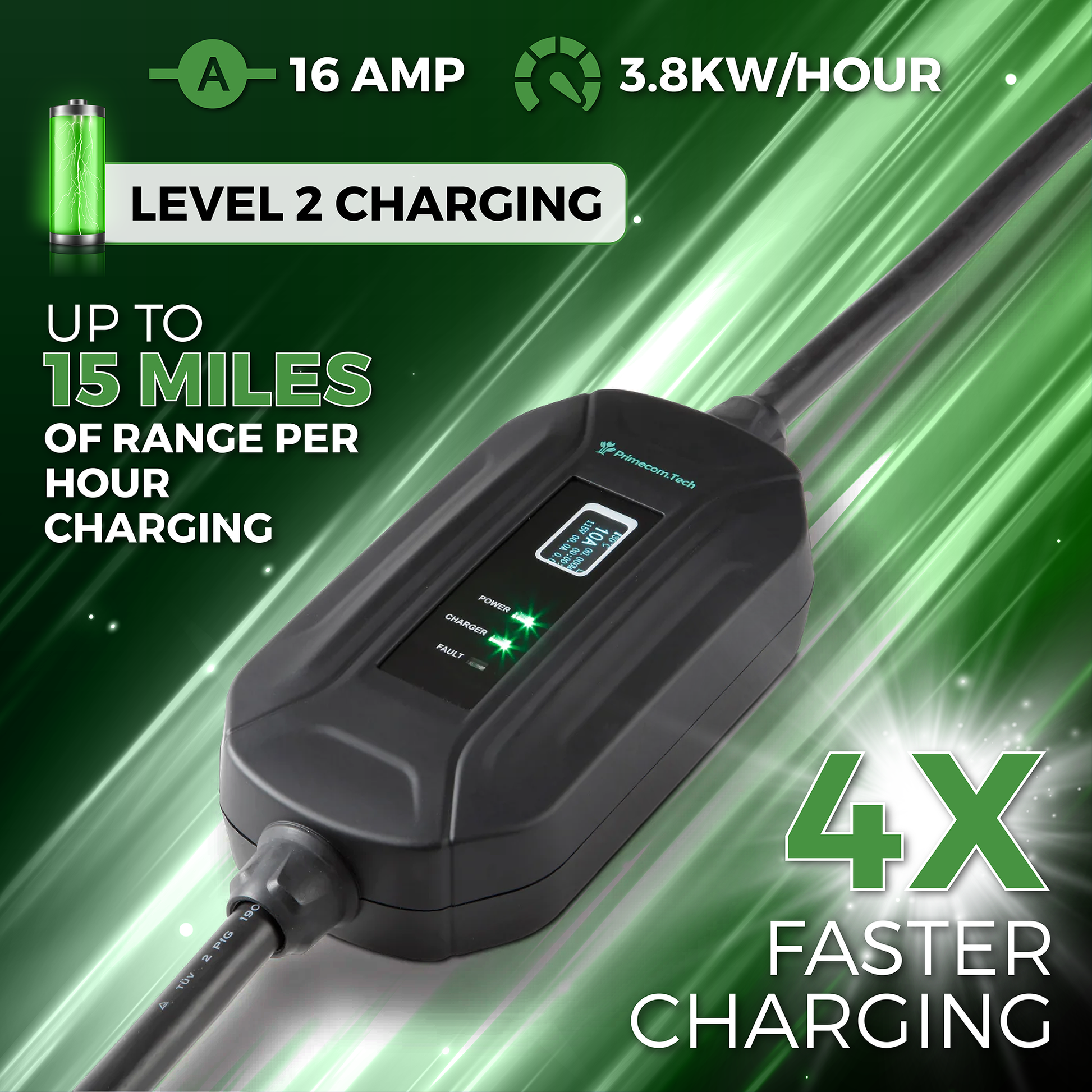 Primecom.Tech 16 Amp Level 2 Electric Vehicle (EV) Charger 3X to 4X faster 220 Volt 30', 40', 50' Feet Lengths Only In ElectoGb